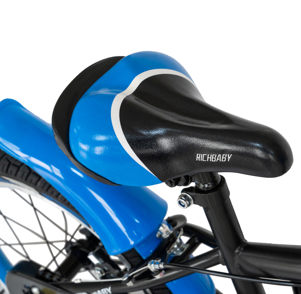 Bicicleta copii 5-7 ani 18 Inch C-Brake roti ajutatoare cu LED Rich Baby R1803A cadru negru cu design albastru - 1