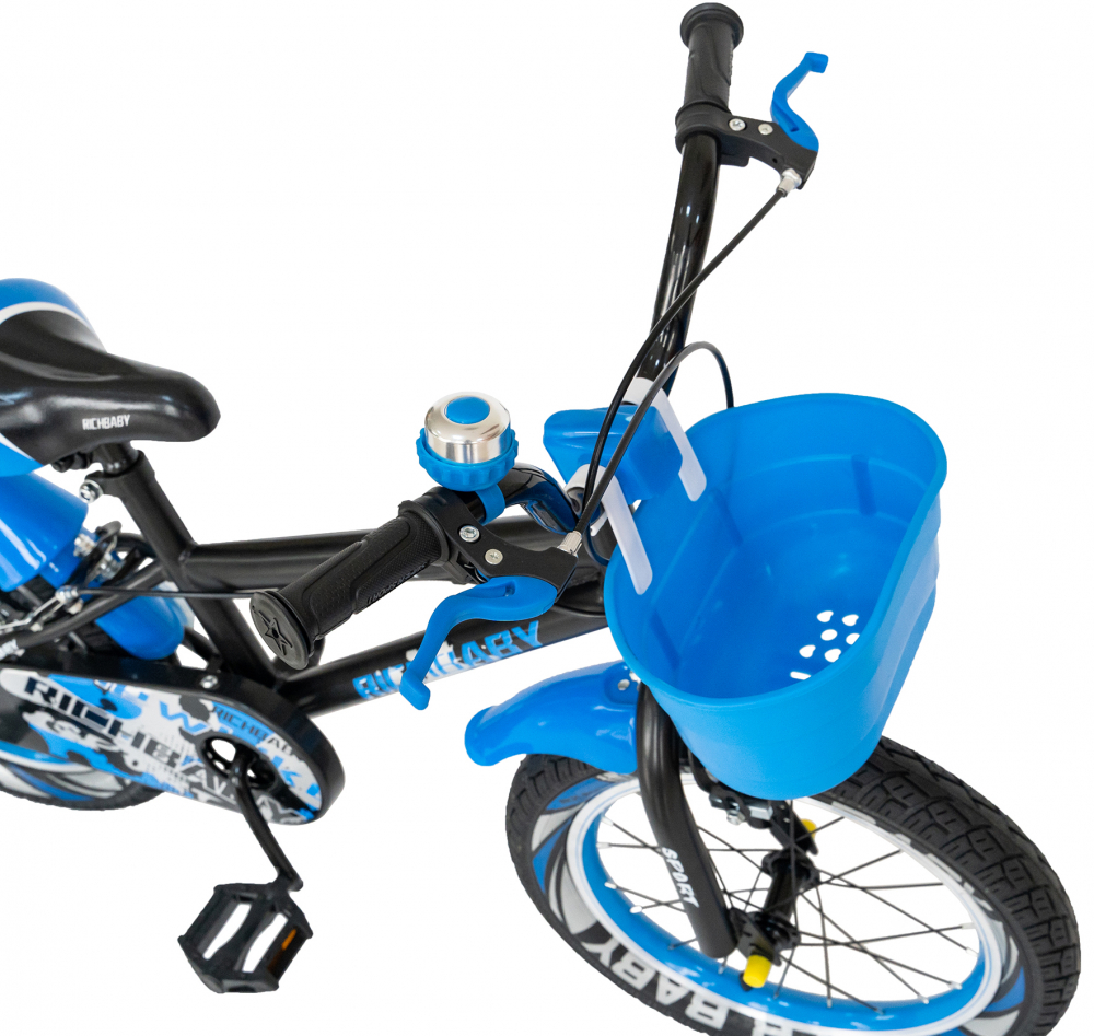 Bicicleta copii 5-7 ani 18 Inch C-Brake roti ajutatoare cu LED Rich Baby R1803A cadru negru cu design albastru - 2