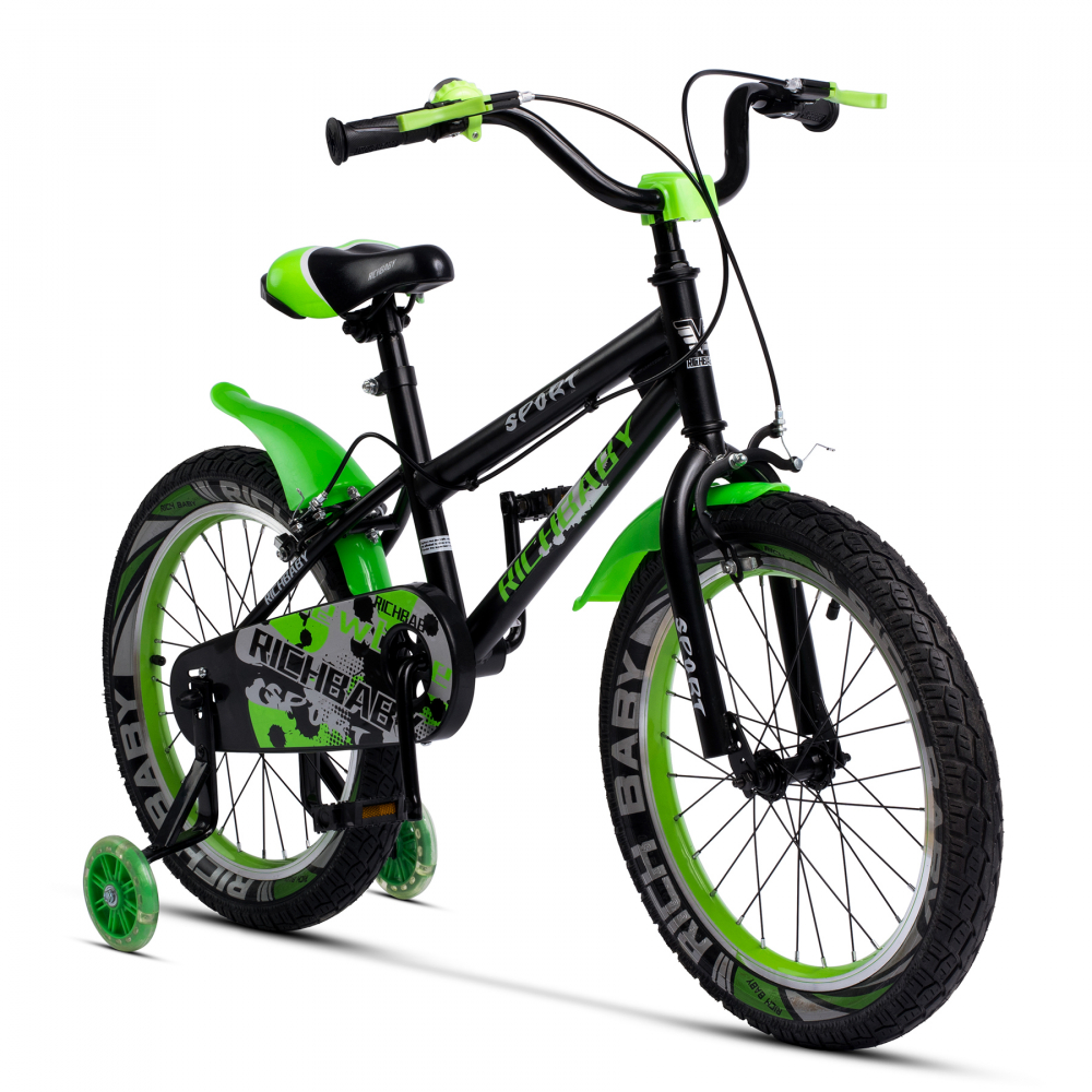 Bicicleta copii 5-7 ani 18 Inch C-Brake roti ajutatoare cu LED Rich Baby R1803A cadru negru cu design verde - 1
