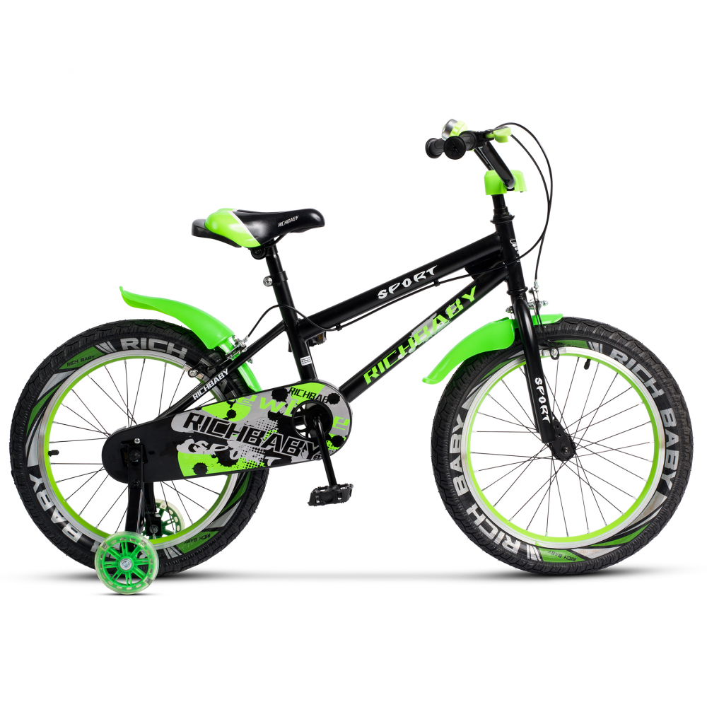 Bicicleta copii 5-7 ani 18 Inch C-Brake roti ajutatoare cu LED Rich Baby R1803A cadru negru cu design verde - 4