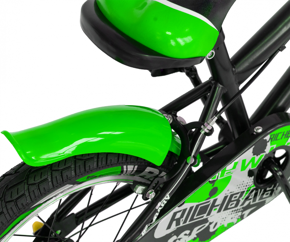 Bicicleta copii 5-7 ani 18 Inch C-Brake roti ajutatoare cu LED Rich Baby R1803A cadru negru cu design verde - 3