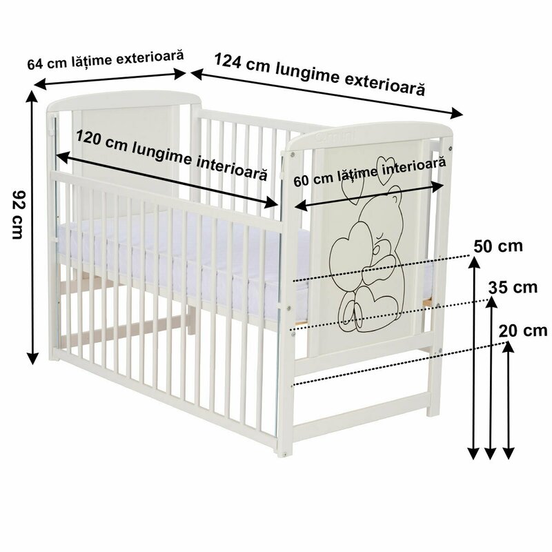 Patut din lemn cu roti Timmi Heart Qmini 120x60 cm cu laterala culisanta din lemn de pin si mdf somiera reglabila alb + Saltea 8 cm - 1