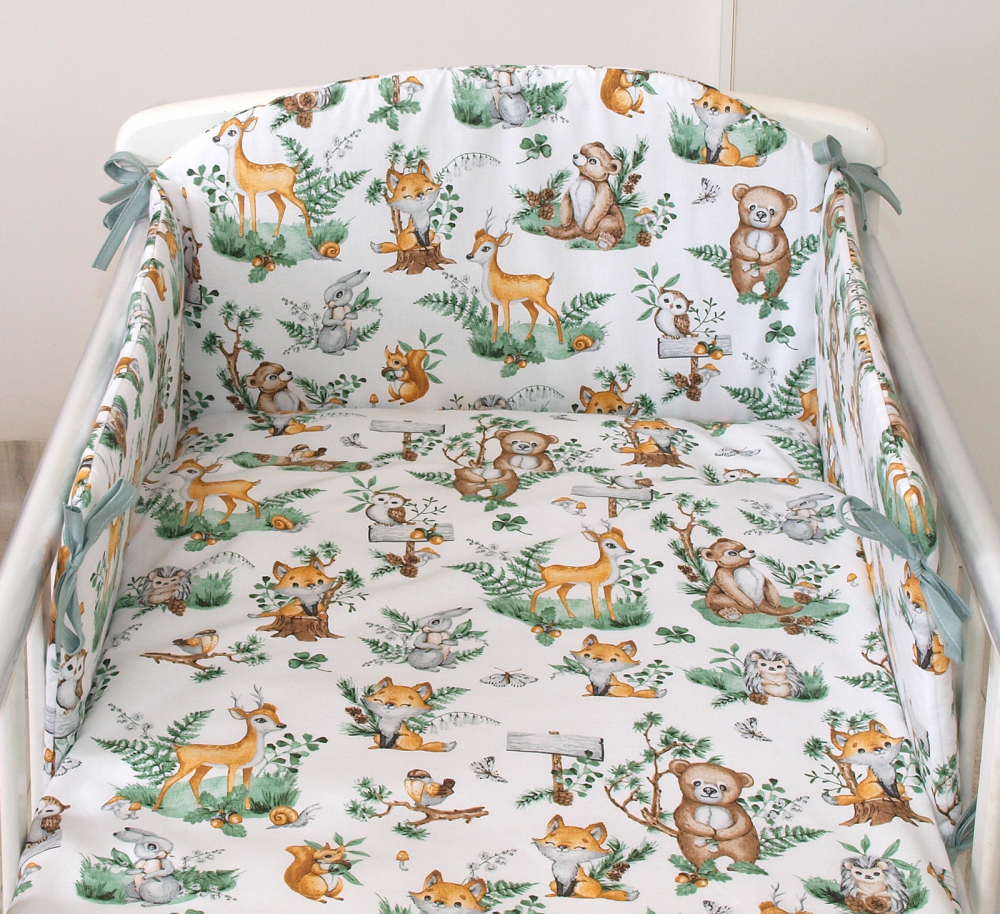 Set lenjerie din bumbac cu protectie laterala pentru pat bebe 120 x 60 cm Animalute de padure Amy AMY imagine 2022