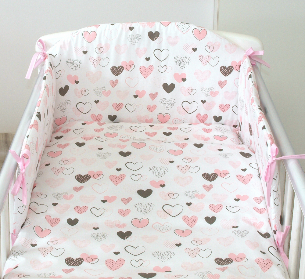 Set lenjerie din bumbac cu protectie laterala pentru pat bebe 120 x 60 cm Inimioare Amy - 1
