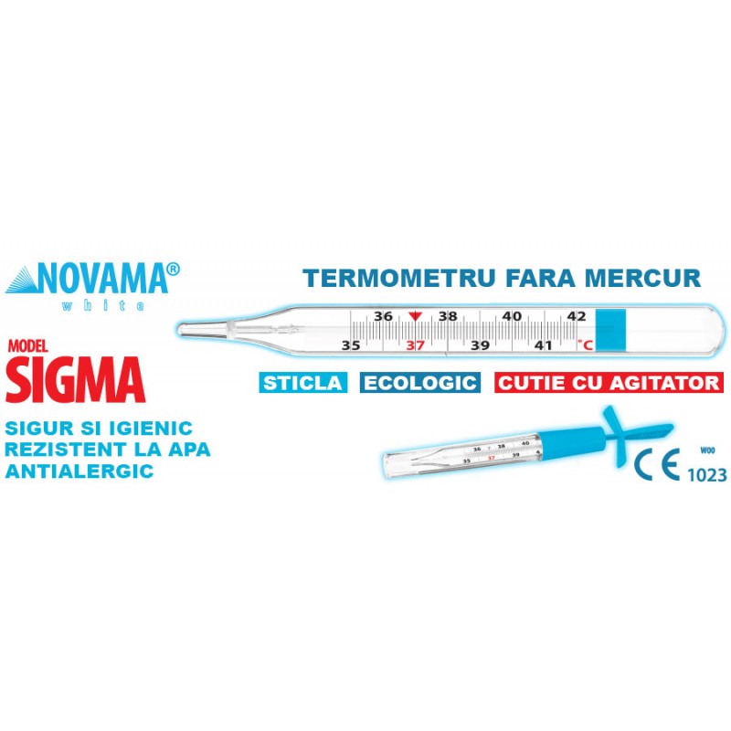 Termometru clasic din sticla Novama White Sigma ecologic cu Galinstan fara mercur, fara baterii, cu agitator agitator