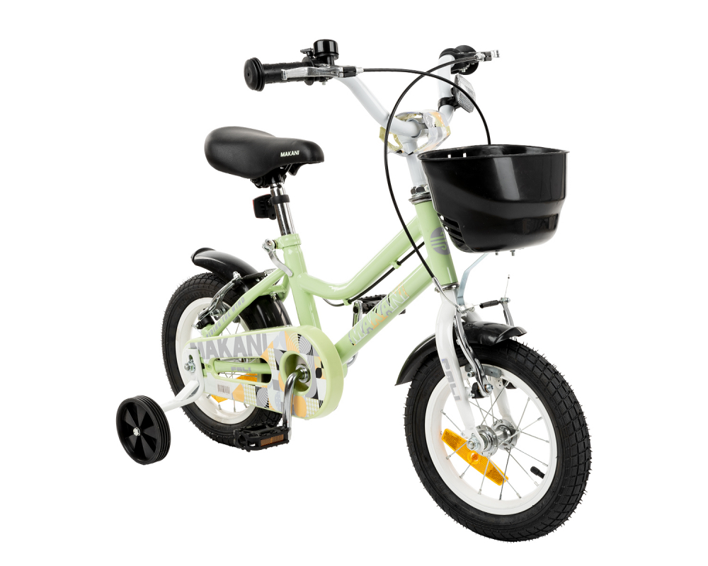 Bicicleta 12 inch cu roti ajutatoare si cosulet frontal Makani Pali Green ajutatoare imagine noua responsabilitatesociala.ro