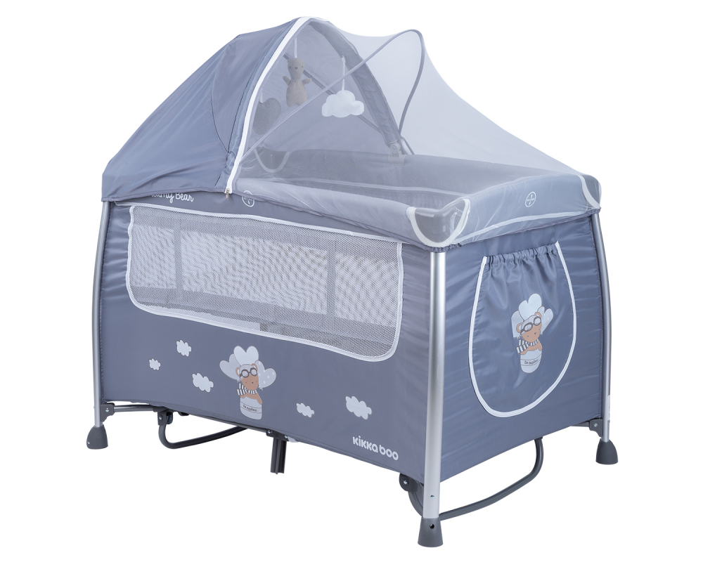 Patut pliabil KikkaBoo cu doua nivele si accesorii incluse Dreamy Bear Grey