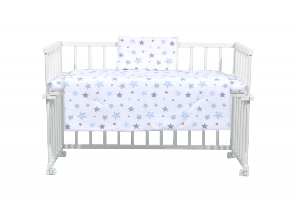 Set lenjerie 4 piese Mini Cot Blue and Grey Stars white