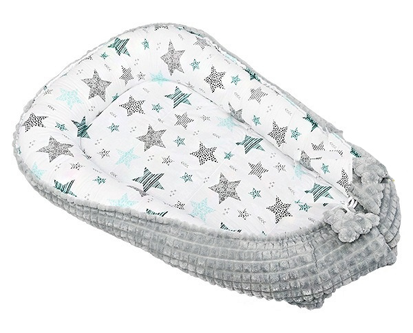 Babynest pentru dormit cu doua fete Minky Gray Mint Stars