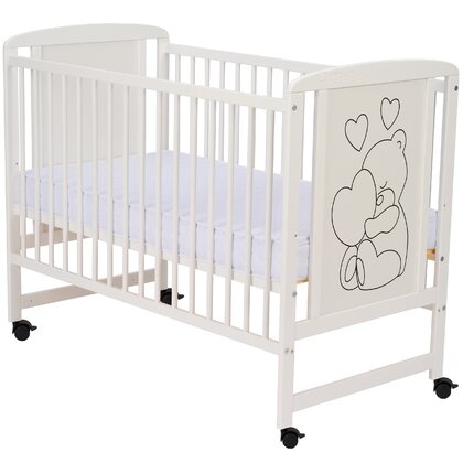 Patut din lemn cu roti Timmi Heart Qmini 120x60 cm din lemn de pin si mdf somiera reglabila alb + Sa
