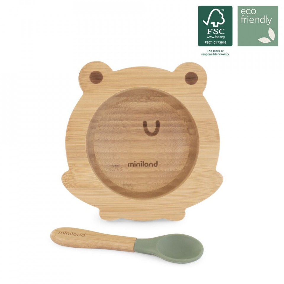 Set bamboo lingurita si bol cu baza cilicon Miniland Frog - 1 | YEO