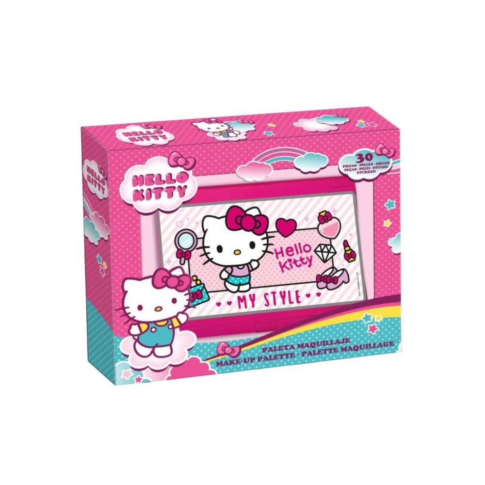 Trusa de machiaj pentru copii 26 nuante fard de pleoape fard de obraz si gloss de buze Hello Kitty 36.6 gr.