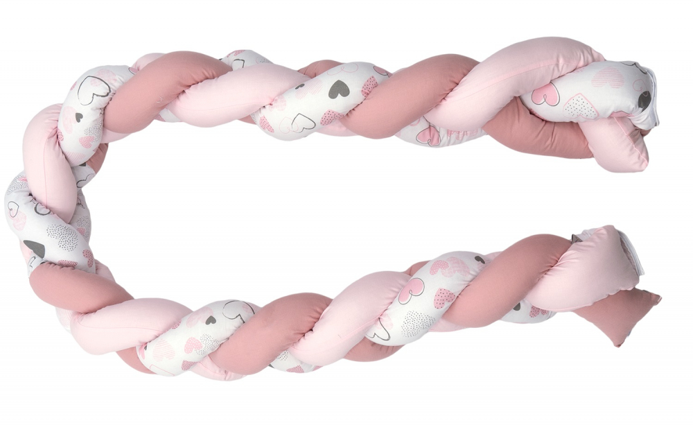 Aparatoare laterala patut Amy Bumper impletit inchidere velcro 210x21 cm Inimioare roz - 1