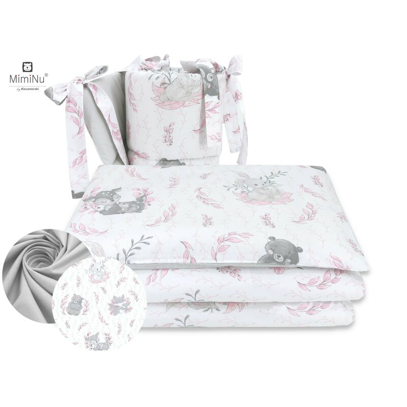 Lenjerie patut 3 piese MimiNu cu protectie laterala din bumbac 120x60 cm Lulu rose