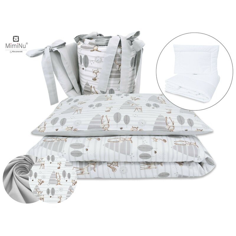 Set lenjerie patut 5 piese cu pilota si perna din bumbac pentru patut 120x60 cm forest MimiNu