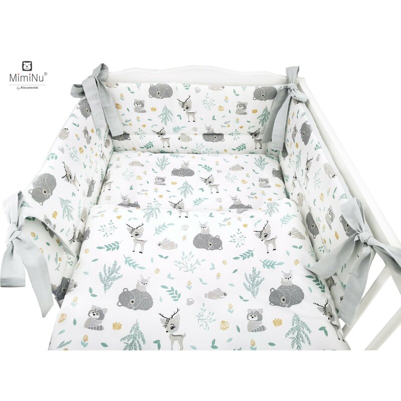 Set lenjerie patut 5 piese cu pilota si perna din bumbac pentru patut 120x60 cm forest friends mint MimiNu - 1