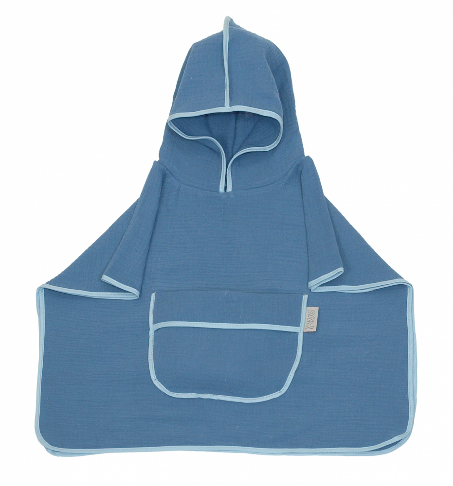 Prosop 60x65 cm din bumbac muselina cu gluga si buzunar pentru bebelusi si copii Amy Poncho blue