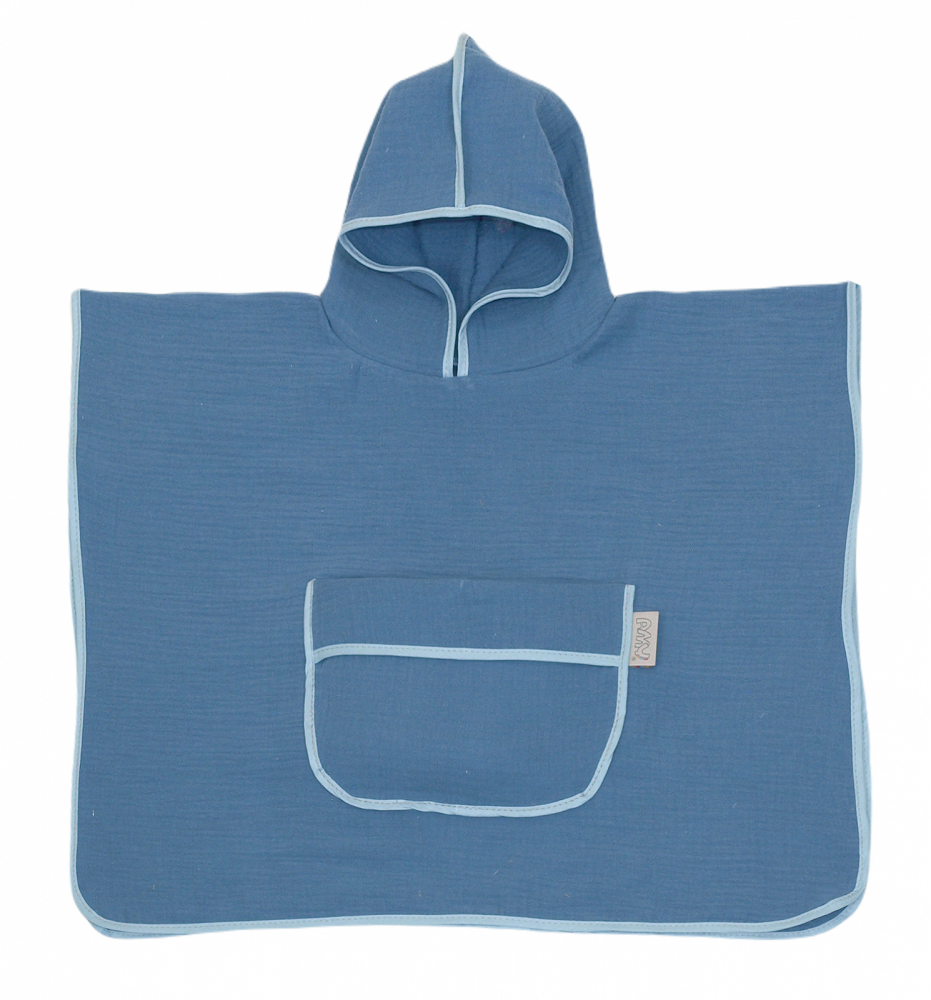 Prosop 60x65 cm din bumbac muselina cu gluga si buzunar pentru bebelusi si copii Amy Poncho blue - 1 | YEO