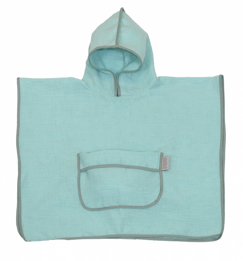 Prosop din bumbac muselina cu gluga si buzunar pentru bebelusi si copii Poncho mint 60x65 cm - 1 | YEO