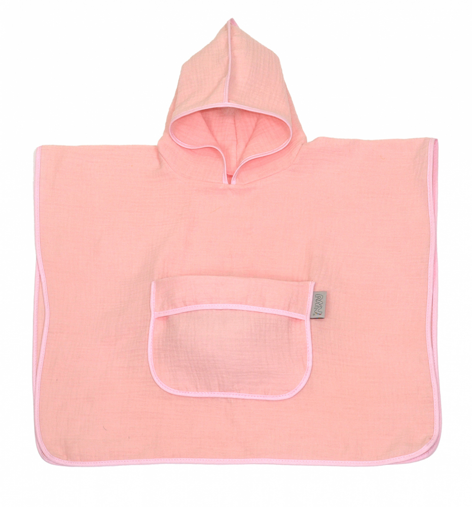 Prosop 60x65 cm din bumbac muselina cu gluga si buzunar pentru bebelusi si copii Amy Poncho rose - 1 | YEO