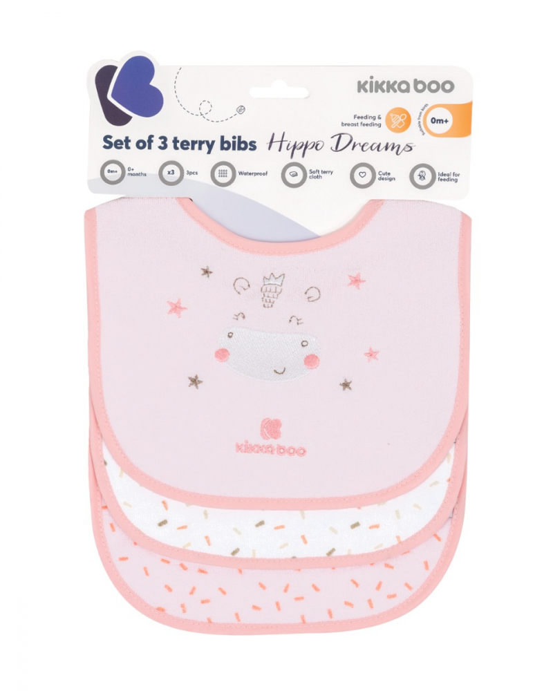 Set 3 bavete KikkaBoo Terry cu inchidere velcro Hippo Dreams Pink Alimentatie imagine 2022