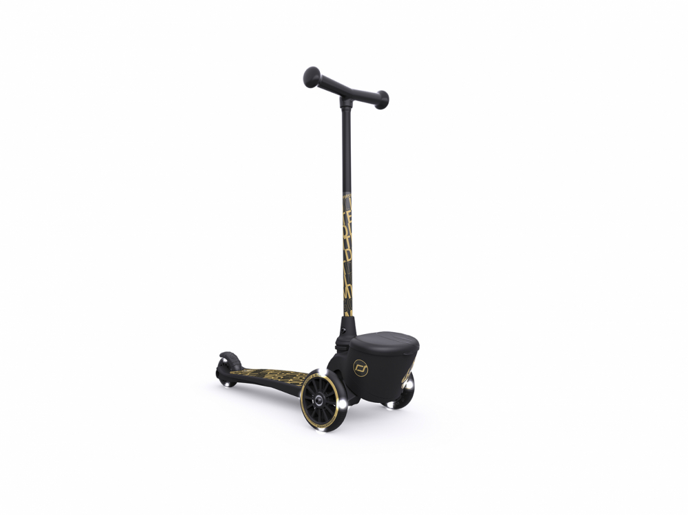 Trotineta copii pliabila cu roti luminoase, suport jucarie, Highwaykick 2 Black Gold Limited, 2 ani +, pana la 50 kg, Scoot  Ride