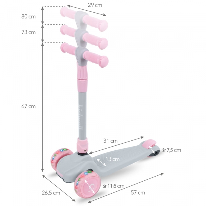 Trotineta Kidwell Jax Gray Pink cu 3 roti, pliabila, reglabila, din aluminiu, greutate admisa 50 kg, varsta 3 ani+