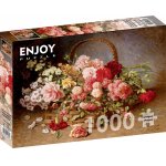 Puzzle 1000 piese Enjoy  Hans Buchner A Basket of Roses and Carnations + folii pentru lipit puzzle Enjoy 5530