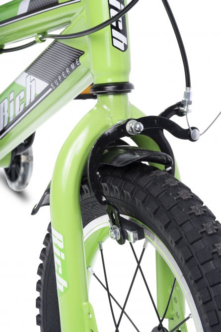 Bicicleta baieti 14 inch frane C-Brake roti ajutatoare Rich Baby R14WTB cadru verde cu design negru