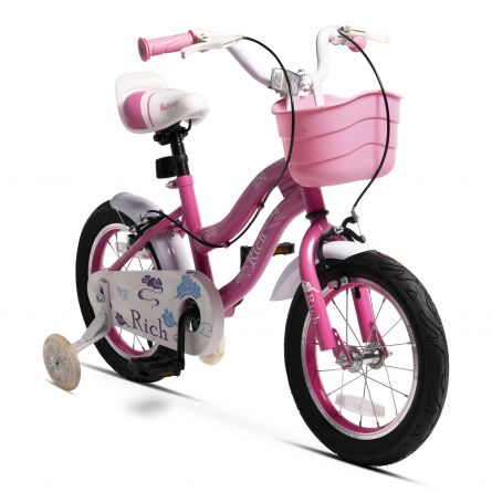 Bicicleta copii Rich Baby R1408A 14 Inch C-Brake roti ajutatoare cu led cadru fucsia cu design alb ajutatoare
