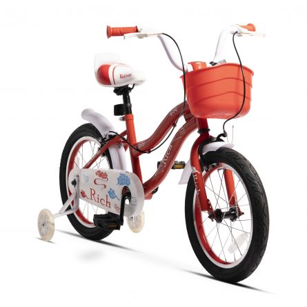 Bicicleta copii Rich Baby R1408A 14 Inch C-Brake roti ajutatoare cu led cadru rosu cu design alb nichiduta.ro imagine noua