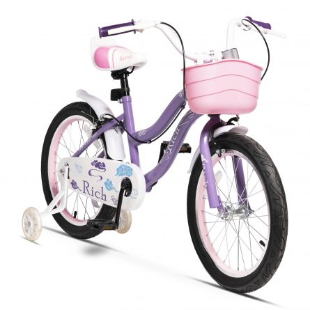 Bicicleta copii Rich Baby R1808A 18 Inch frane C-Brake roti ajutatoare cu led cadru mov cu design alb ajutatoare imagine noua responsabilitatesociala.ro