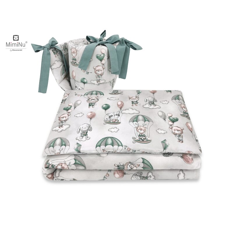 Lenjerie patut 3 piese MimiNu cu protectie laterala din bumbac 120x60 cm Parachutes Olive
