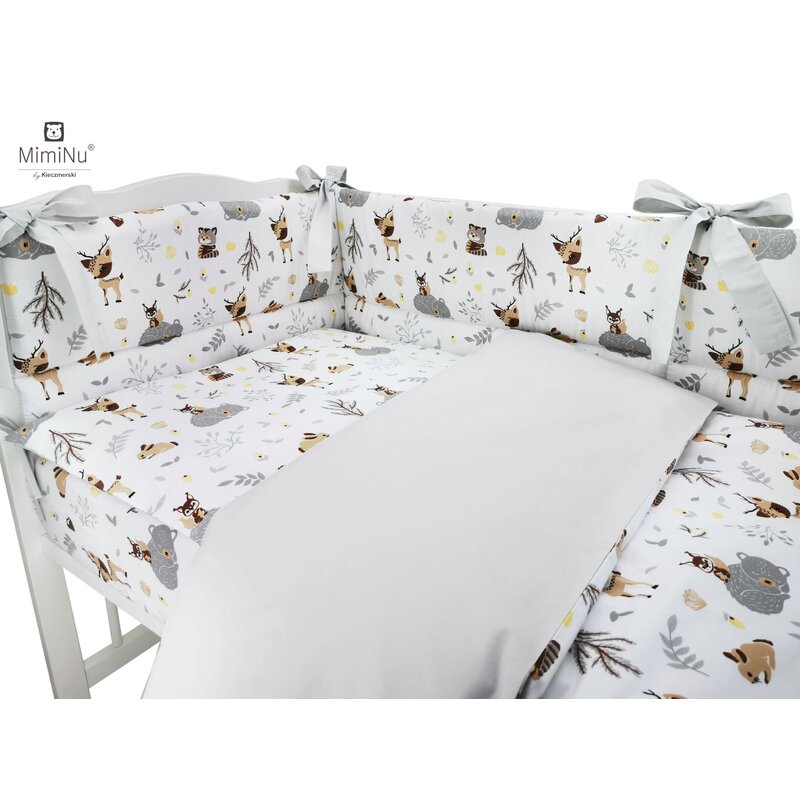 Lenjerie patut cu 4 piese MimiNu din bumbac cu protectii laterale 120x60 cm Forest Friends Beige