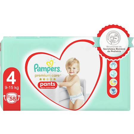Scutece chilotel Pampers Premium Care Pants Mega Box Stop and protect Pocket Marimea 4 9-15 kg 58 buc 9-15 imagine 2022