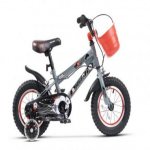 Bicicleta copii Rich Baby R1207A 12 inch C-Brake roti ajutatoare cu led cadru gri cu design rosu