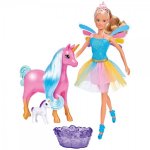 Papusa Steffi Love Welcome Unicorn 29 cm cu 2 figurine si cadita Simba