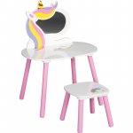 Set de toaleta pentru copii FreeON Unicorn cu masuta si scaun din lemn White/Pink