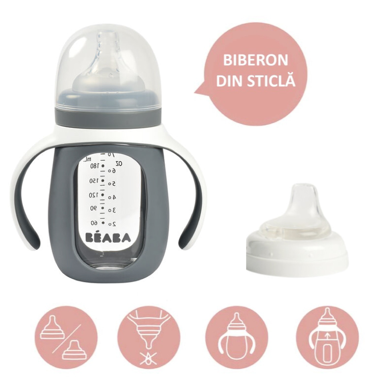 Biberon de invatare 2 in 1 din sticla Beaba 210 ml Mineral Grey - 1 | YEO