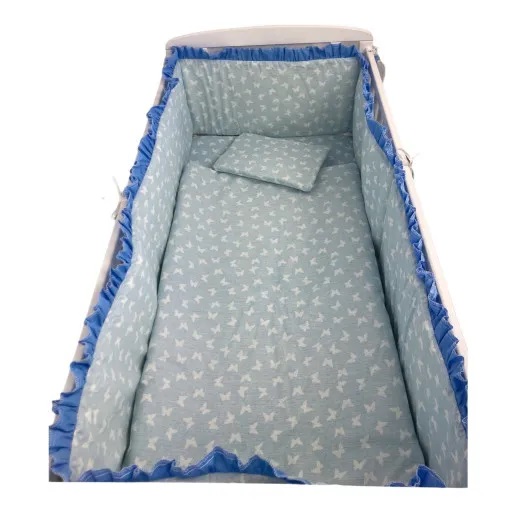 Lenjerie patut cu 5 piese si aparatori maxi 120x60 cm fluturi pe albastru