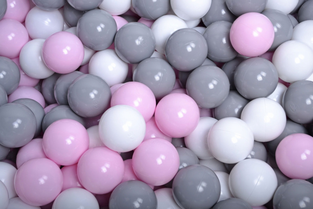 Set 200 bile din plastic 7 cm MeowBaby pentru centru de joaca gri roz pastel alb