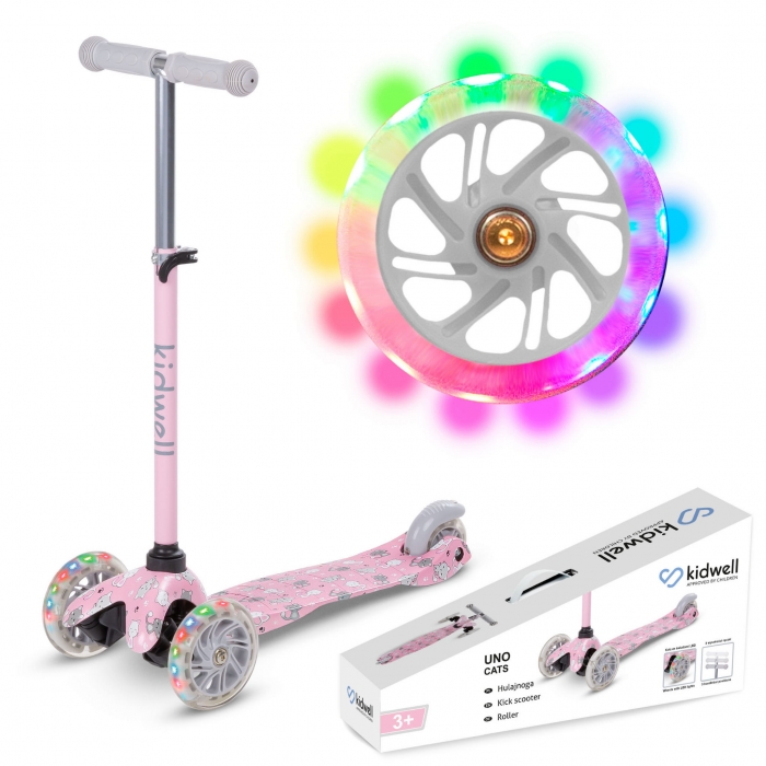 Trotineta Kidwell uno Cats Roz, lumini LED, ghidon reglabil din aluminiu, greutatea admisa 25 kg, varsta 3 ani+