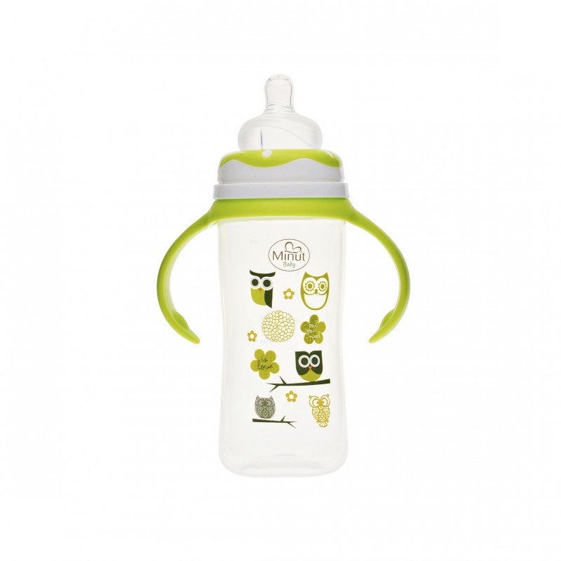 Biberon gat larg cu manere 270 ml cu tetina silicon 3+ Minut Baby verde