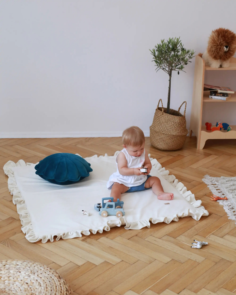 Covor patrat de joaca termoizolant din spuma pentru copii si bebelusi pliabil catifea mint cu volanas 100x100cm - 5