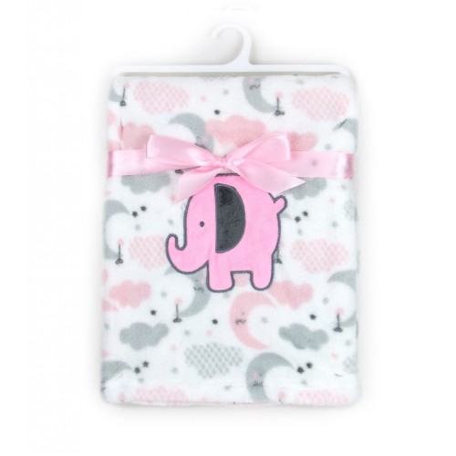 Paturica bebe din fleece cu broderie elefantel roz - 2