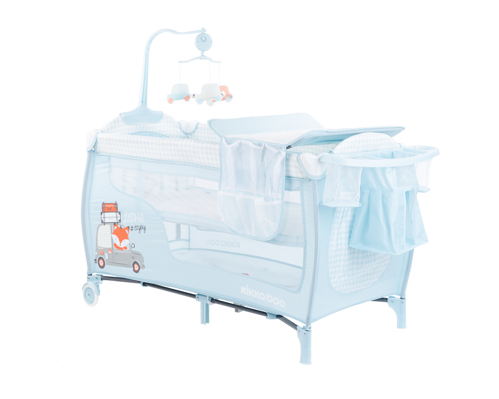 Patut pliabil KikkaBoo cu doua nivele si accesorii incluse Dolce Sonno Plus Blue Foxy