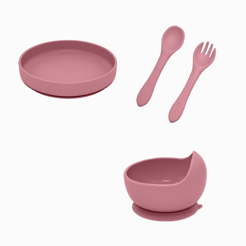 Set de hranire PetiteMars cu farfurie bol si tacamuri din silicon fara BFA roz