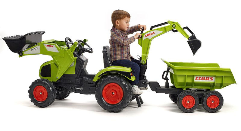 Tractor cu pedale pentru copii Falk Claas Axos cu cupa excavator si remorca - 1