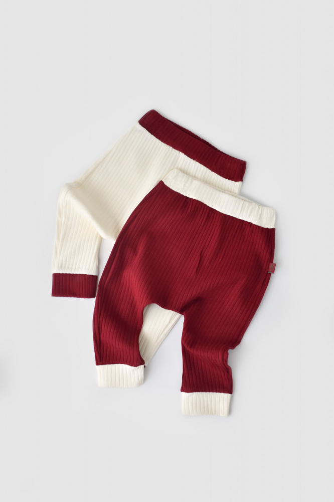 Set 2 pantaloni Ribana Bebe unisex din bumbac organic si elastan Baby Cosy Ecru/Bordo marime 9-12 luni