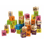 Cuburi din lemn Woodyland colorate cu litere si cifre 40 piese